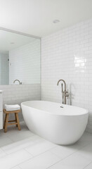 Fototapeta premium Bright bathroom showcasing a white oval tub, wooden stool with a towel, mirror and chrome faucet, representing hygiene and relaxation