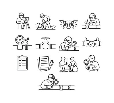 Field Installation Icons. Field Installation Process. Line icon set of Field Installation Process: site survey icon, trench digging, pipe laying, worker