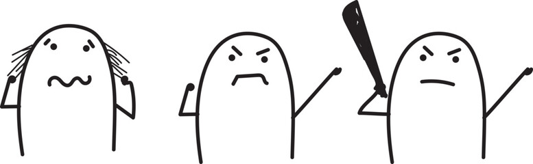 Simple comic doodle characters in three situations: nervous pulling hair, upset pointing sideways and angry holding baseball bat © wesleyyaya
