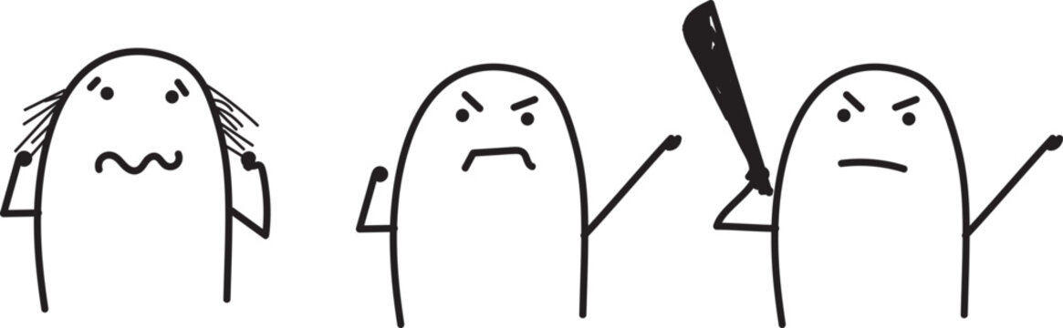 Simple comic doodle characters in three situations: nervous pulling hair, upset pointing sideways and angry holding baseball bat