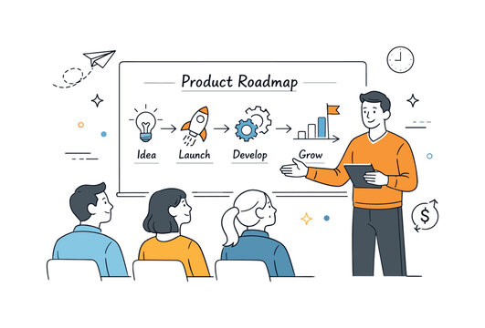 Startup Launch Presentation. Startup launch process. A founder presenting a product roadmap on a board while teammates listen attentively. Calm confidence and