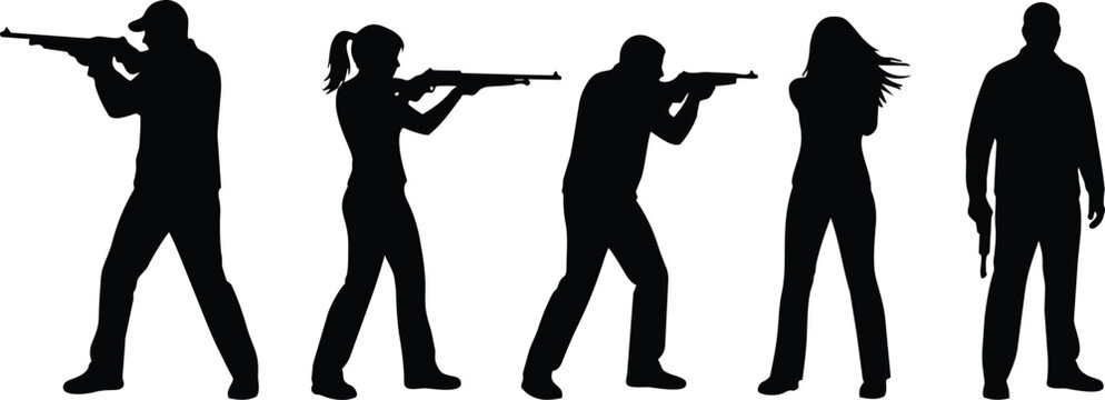 Silhouette vector side view group of five people aiming rifles and holding handgun standing isolated white background high contrast minimal flat design action poses profile stark
