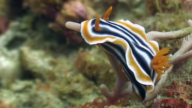 A chromodoris annulata nudibranch, a sea slug with black, white, and yellow stripes, sits on a coral reef. Orange gills are visible. Early morning light illuminates the vibrant creature.