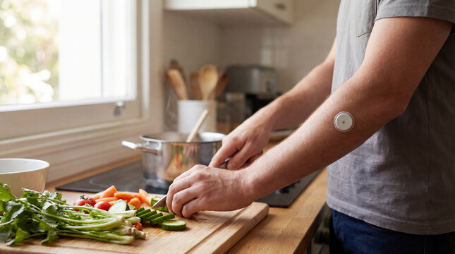 Glucose monitor on a person's arm while chopping vegetables in a kitchen setting highlights biohacking for diabetes management and overall health. Image made using Generative AI.