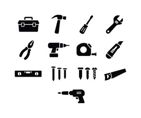 Fototapeta premium House Repair Tools. House repair tools. Solid icon set of house repair tools: toolbox, hammer, screwdriver, adjustable wrench, pliers, drill machine, tape