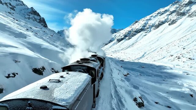 Vintage steam train traveling through snowy mountain landscape. Locomotive puffing white smoke in winter