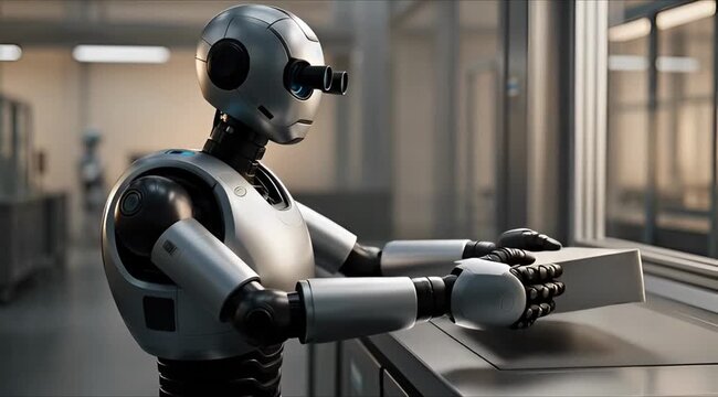 A futuristic robot with a metallic body and glowing blue eyes is working on a computer in a modern laboratory setting with various equipment and machinery ai robot replaces human labor