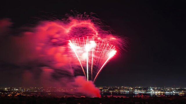 Sequence of a beautiful heart shaped firework exploding in the night sky. Romantic pyrotechnic display for valentine's day or a wedding celebration over a city skyline