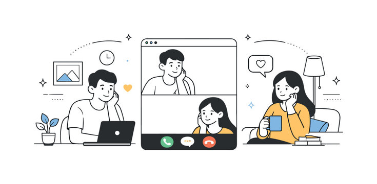 Connected Across Distances. Long-distance relationship communication. Two people in separate spaces connected by a single chat window or call screen in the