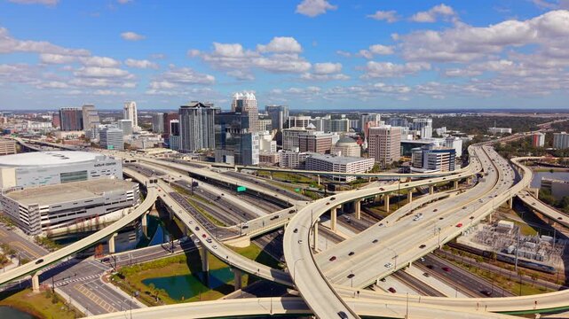Aerial approach Downtown Orlando Florida. 4k 24p drone footage 2026