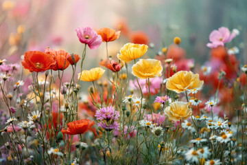 Obraz premium Sunny Summer Meadow with Vibrant Poppies, Daisies, and Wildflowers in Soft Pastel Hues – Ideal for Nature-Inspired Designs