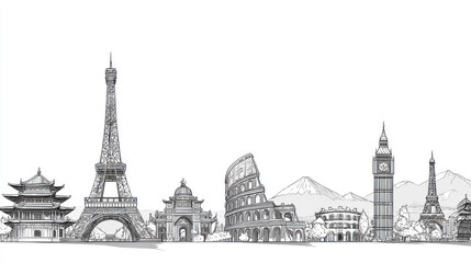Minimalist World Landmarks Line Art: Clean, Sharp Black Ink on White for Coloring Pages and Design Projects