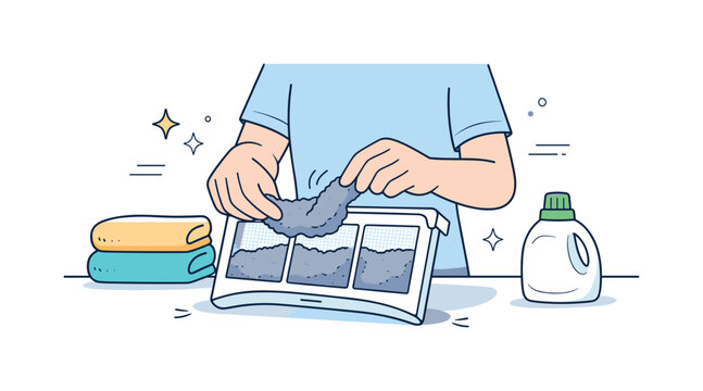 Dryer Lint Removal. Removing lint from dryer filter. A calm household scene showing a person gently pulling lint from a dryer filter, with clean lines and