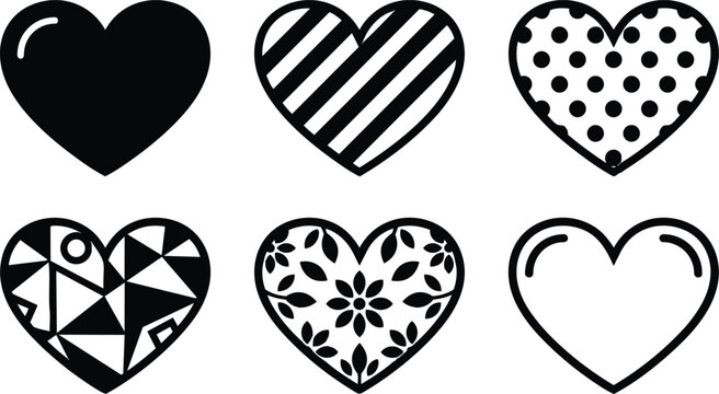 Flat design six decorative heart icons in two rows close up black and white patterns polka dot stripe geometric floral glossy outline vector set minimal stylized