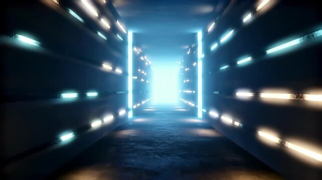 Futuristic tunnel with neon lights and glowing exit