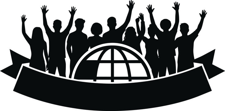 Flat design black silhouette crowd standing behind globe with raised hands ribbon banner bottom close up vector icon for community celebration diverse group front view simple