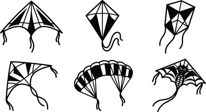 Line art kite icon set with six geometric black silhouettes including diamond and box kites with tails viewed flat in minimalist vector style for outdoor play
