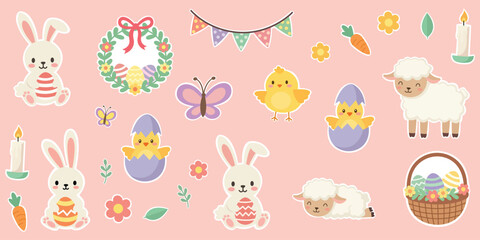 Fototapeta premium Easter Delights: A cheerful assortment of Easter-themed illustrations, from cute bunnies and fluffy sheep to colorful eggs and festive decorations, arranged on a soft, pastel-colored background.