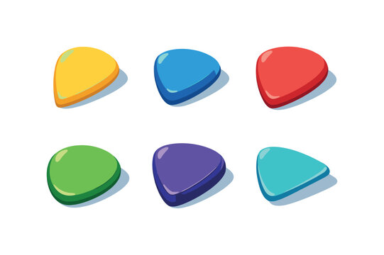 Colorful Guitar Picks. Pick Styles. Isometric flat vector icons set of Pick Styles: jazz pick shape, stubby pick form, standard pick size, rounded pick edge,