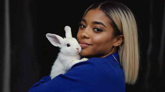 Charming young black female with blonde highlights gently holding a small white rabbit. Affectionate portrait of a woman and her cute bunny pet against a dark studio background
