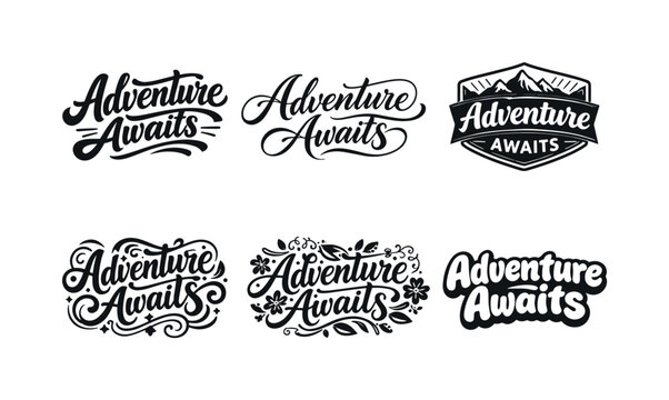 Creative Lettering Grid. Adventure Awaits. Set lettering. harmonious lettering variations of the same emblematic concept, each with different