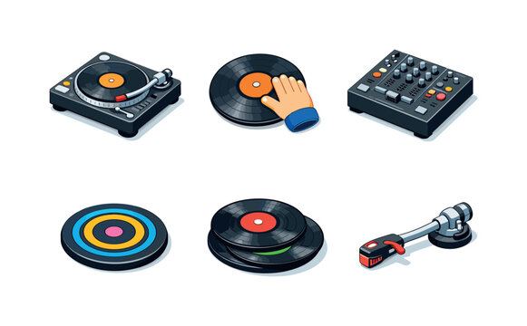 Isometric DJ Vinyl Icons. DJ vinyl. Isometric flat vector icons set of DJ vinyl: DJ turntable deck, scratching vinyl disc, mixer with crossfader, slipmat disc,