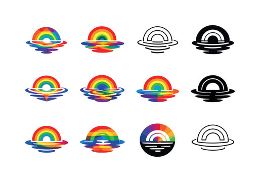 Rainbow Reflection Icons. Rainbow reflections. Icon set. Set Logo of rainbow reflections: light ripple surface. harmonious logo variations of the