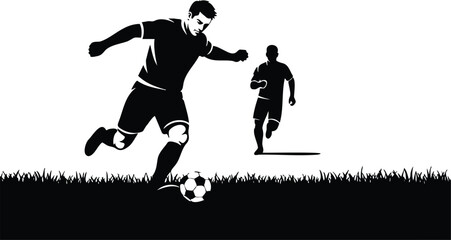 Obraz premium Silhouette vector action shot of soccer player kicking ball with trailing defender running in background over grassy pitch low angle dynamic motion bold high contrast energy