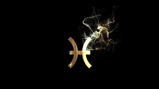 Pisces zodiac sign symbol, horoscope, golden particles alpha channel, zodiac sign with a transparent background