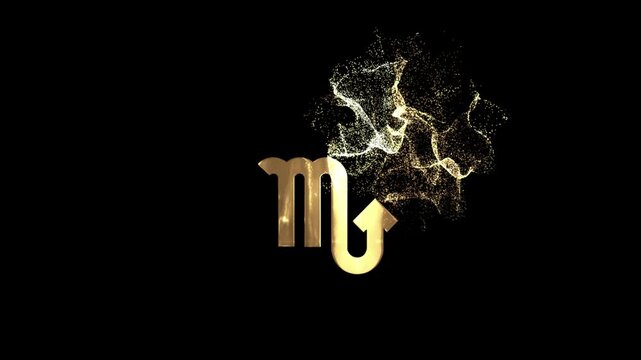 Scorpio zodiac sign symbol, horoscope, golden particles alpha channel, zodiac sign with a transparent background