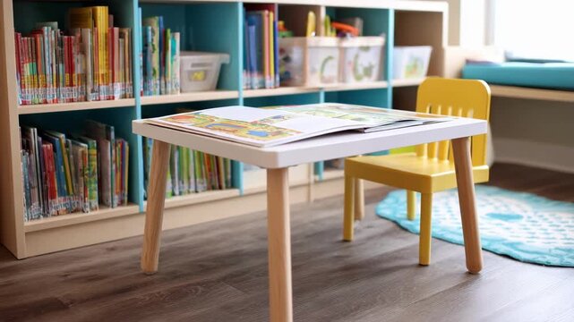 Quiet library corner designed for early learners spotlighting a small table with letter tracing sheets and an open storybook the materials in distinct focus amid soft background
