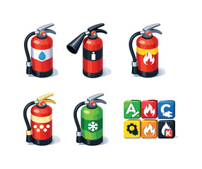 Obraz premium Fire Extinguisher Varieties. Extinguisher Types. Isometric flat vector icons set of Extinguisher Types: water extinguisher, CO2 extinguisher, dry chemical