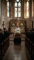 Fototapeta premium Male priest delivering a sermon at funeral service in church with coffin and mourners. Concept of grief, memorial, and religious rites.