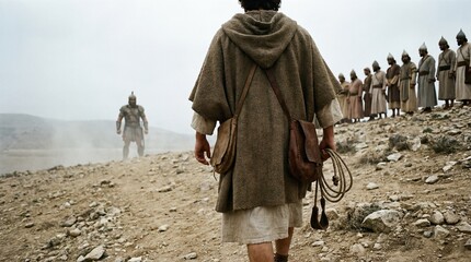 Fototapeta premium Man shepherd David walking towards giant Goliath in barren landscape for battle. Biblical story of faith and courage for religious education.
