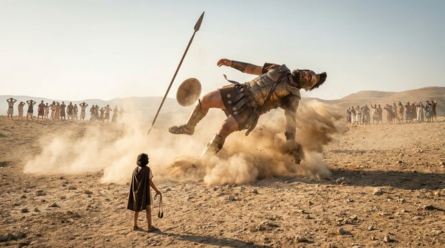 Young man David defeats giant Goliath with a slingstone in biblical desert scene. Victory against odds concept. Historical tale.