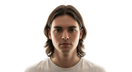 A young man with long brown hair wearing a white t-shirt on transparent background