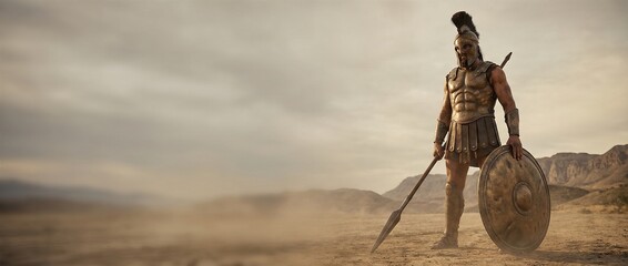 Ancient warrior man standing in desert with spear and shield against a cloudy sky. Historical battle concept. Epic biblical story for poster. Banner with copy space