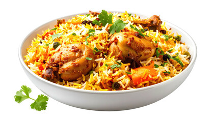 A close-up shot of a white bowl filled with fragrant chicken and rice biryani. Garnished with fresh herbs, the dish looks flavorful