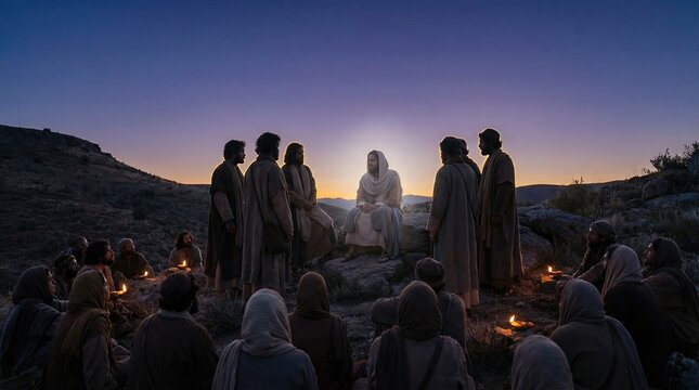 Jesus Christ delivering Sermon on the Mount to disciples and followers. Biblical teaching and gospel of Matthew concept for religious studies.