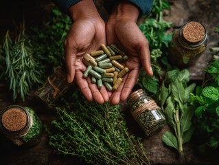 Hand holding natural herbs and supplements