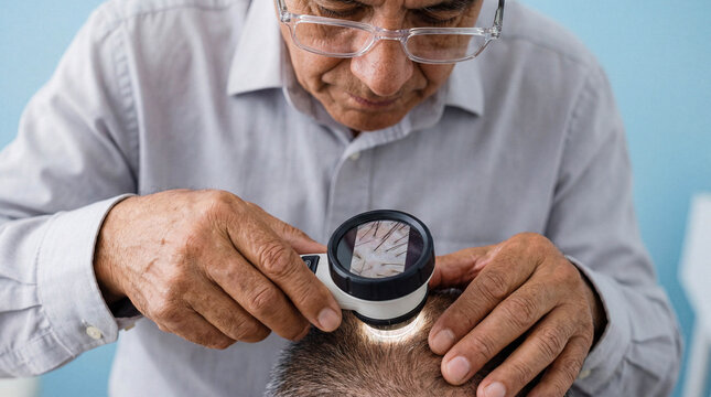 Senior trichologist in glasses examining a patient's scalp with a lighted trichoscope against a blue background.