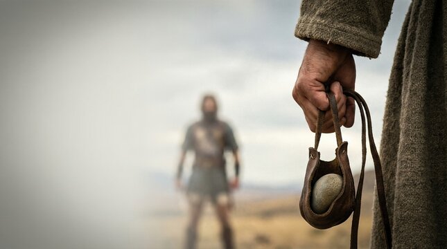 Man holding a sling with a stone, ready to battle the blurred giant in the background. Biblical David and Goliath confrontation.