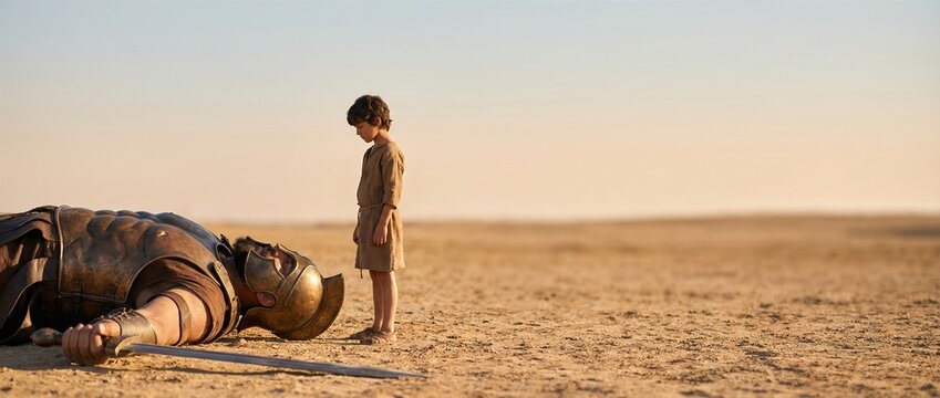 Young boy David standing next to the defeated giant Goliath on the desert ground. Biblical story of Davids victory. Banner with copy space