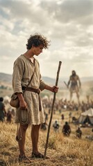 Young biblical man David with staff and sling. David and Goliath story. Faith and courage. Ancient Israel. Christianity.