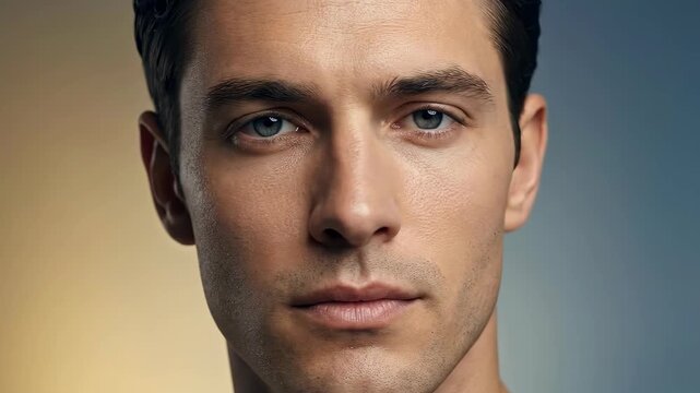 Cinematic slow tracking shot of mans face in close-up. Intense blue eyes and subtle expressions evolve across frames. Dramatic portrait sequence for film and video production.