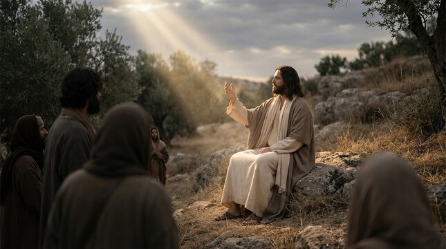 Jesus, a man, delivering the Sermon on the Mount to his disciples. Biblical scene from the Gospel of Matthew, religious teaching.