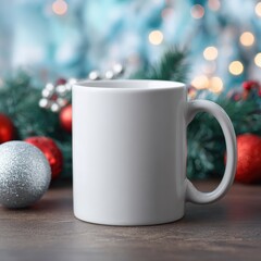 A festive white ceramic mug with a Christmas design