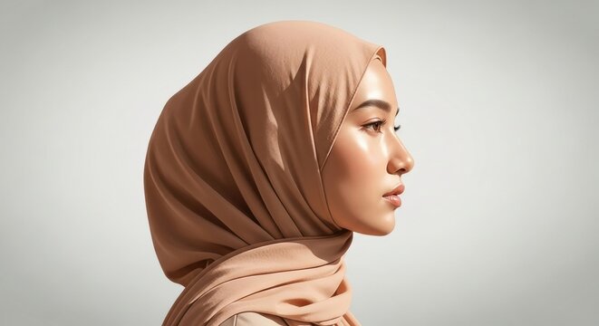 Minimalist Profile Portrait of a Serene Hijabi Woman Wearing a Soft Peach Scarf