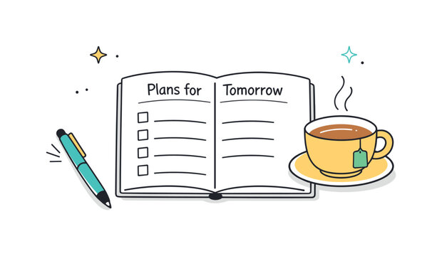 Calm Daily Ritual. Setting intentions for the next day ? quiet routine. Simple scene of a desk with planner, pen, and cup of tea, representing a calm daily