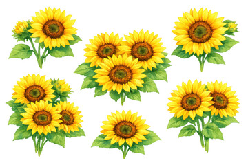 Fototapeta premium Vibrant sunflowers offering beauty and growth, hand-painted art creating a cheerful and natural aesthetic, individual elements